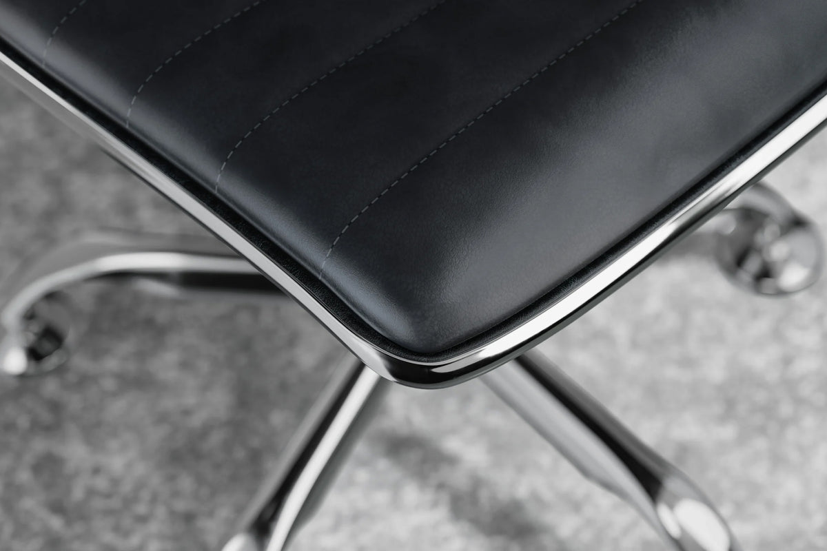 Medium Back Ribbed Office Chair - Black Vegan Leather and Chrome Base - Without Wheels