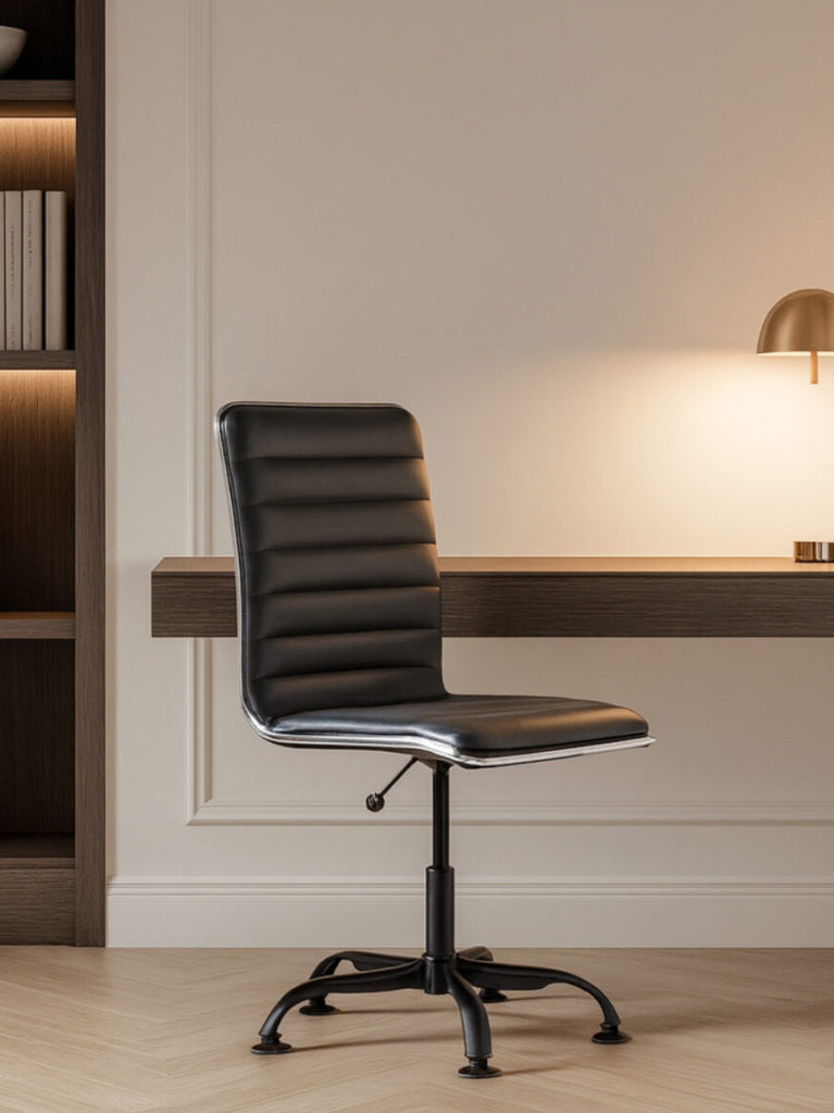 Medium Back Ribbed Office Chair - Brown Vegan Leather and Chrome Base - With Wheels