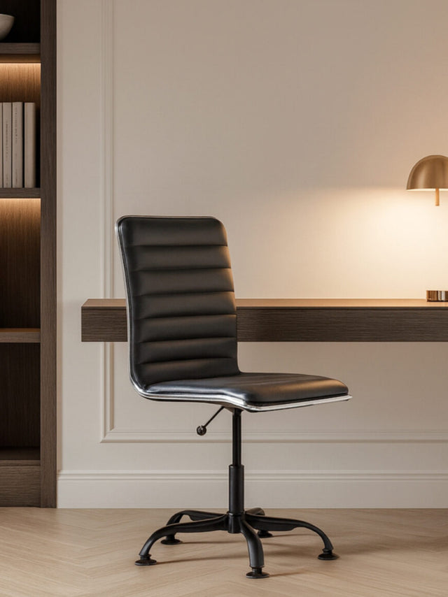 Medium Back Ribbed Office Chair - Brown Vegan Leather and Chrome Base - With Wheels