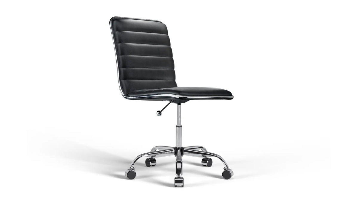 Medium Back Ribbed Office Chair - Black Vegan Leather and Chrome Base - Without Wheels