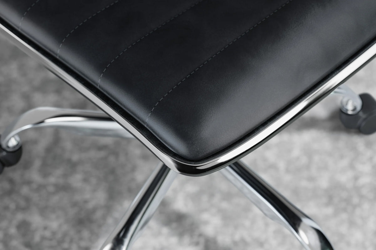 Medium Back Ribbed Office Chair - Black Vegan Leather and Chrome Base - With Wheels