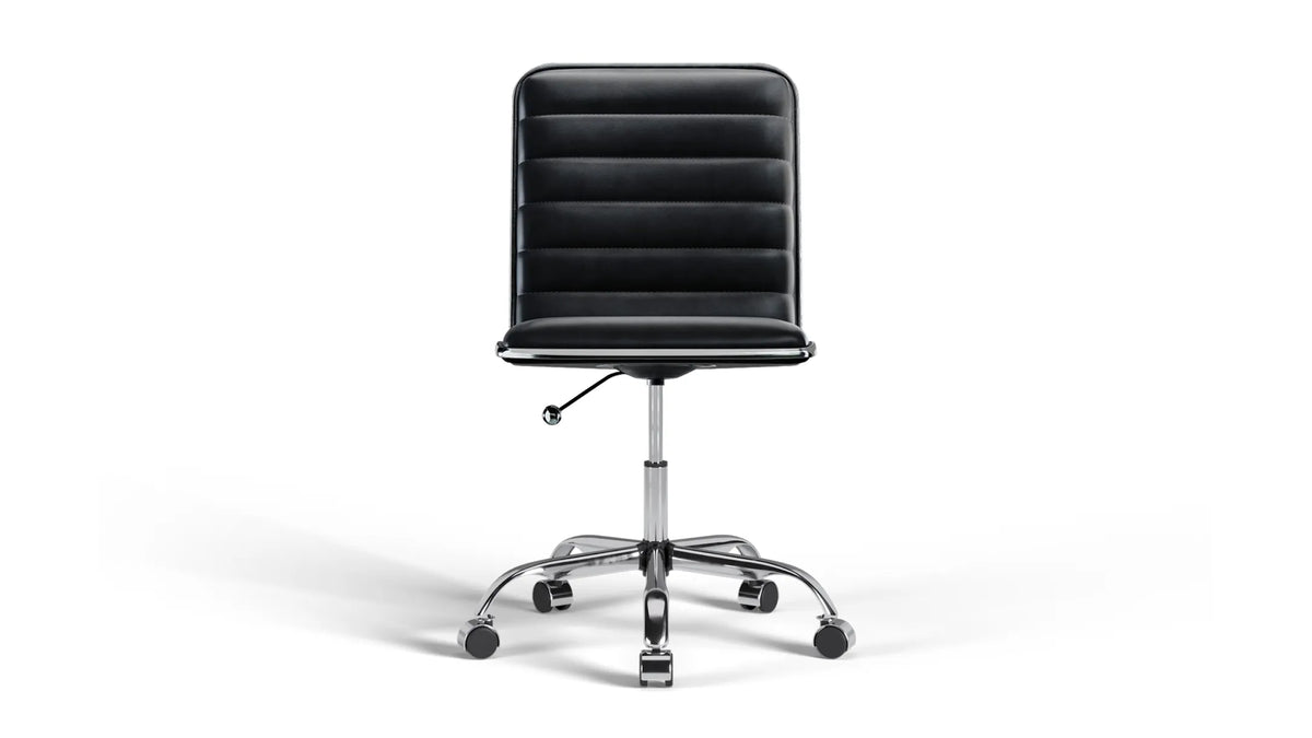 Medium Back Ribbed Office Chair - Black Vegan Leather and Chrome Base - With Wheels