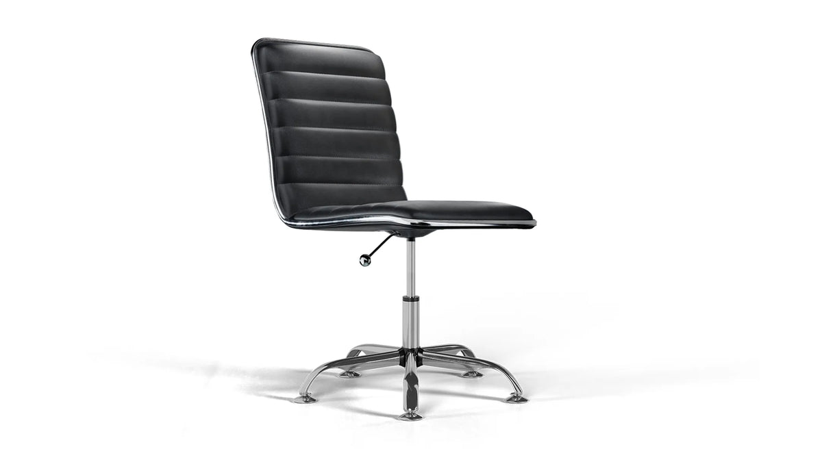 Medium Back Ribbed Office Chair - Black Vegan Leather and Chrome Base