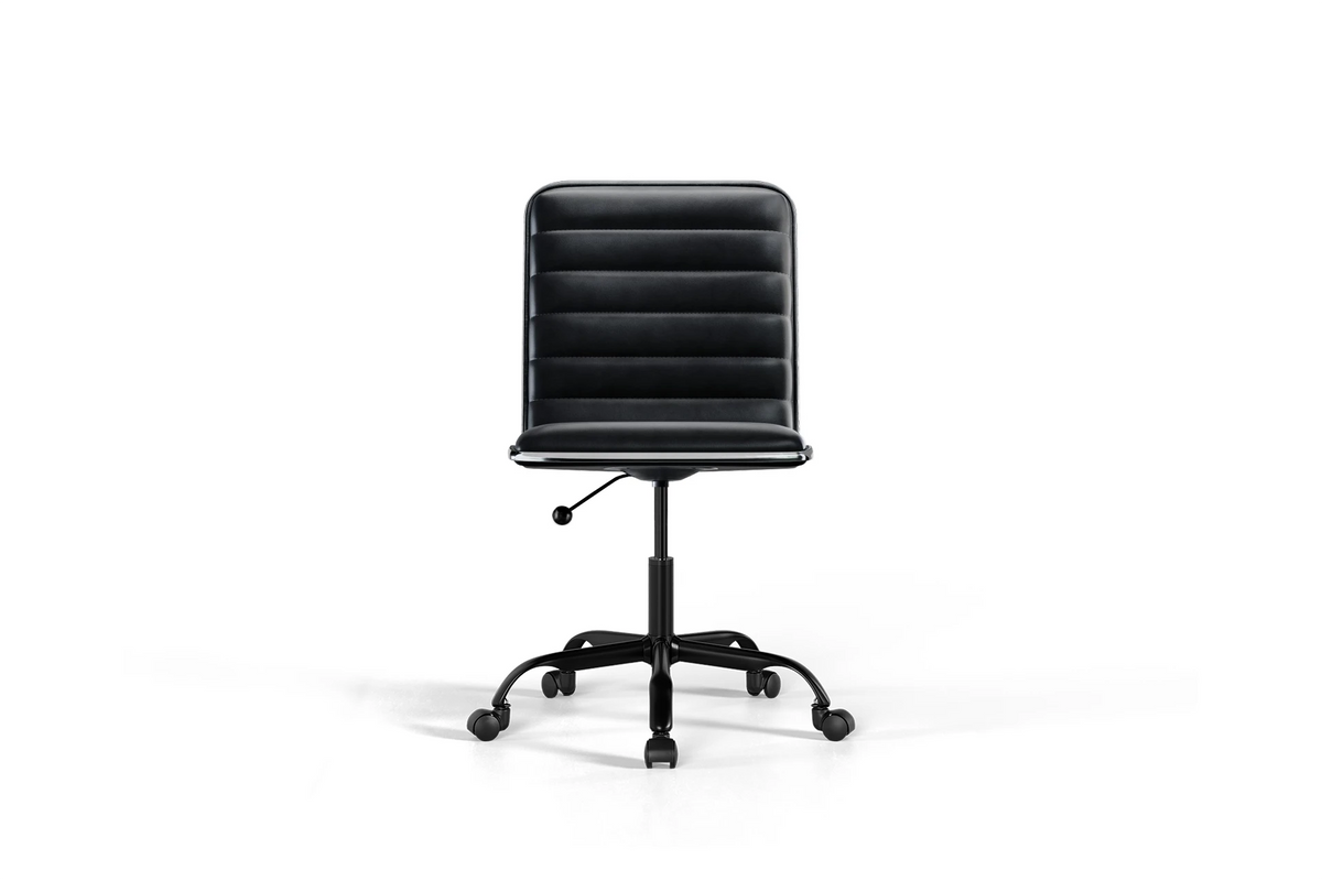 Medium Back Ribbed Office Chair - Black Vegan Leather and Chrome Base - Without Wheels