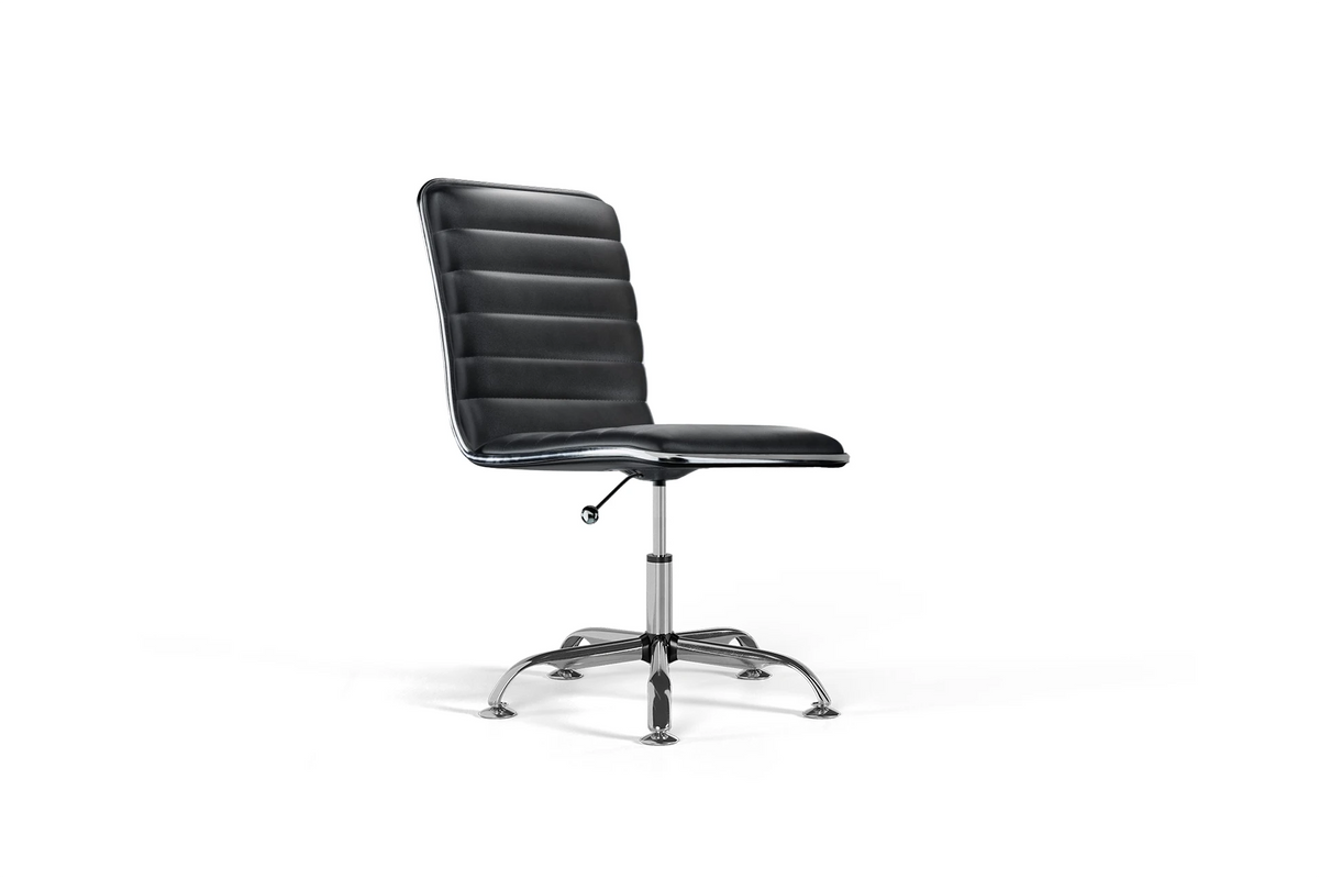 Medium Back Ribbed Office Chair - Black Vegan Leather and Chrome Base - Without Wheels