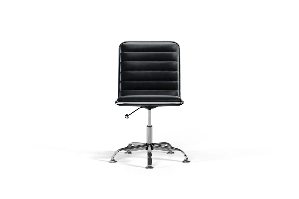 Medium Back Ribbed Office Chair - Black Vegan Leather and Chrome Base - With Wheels