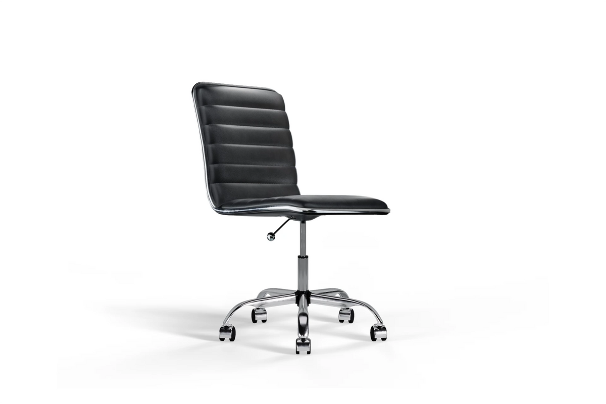 Medium Back Ribbed Office Chair - Black Vegan Leather and Chrome Base - Without Wheels