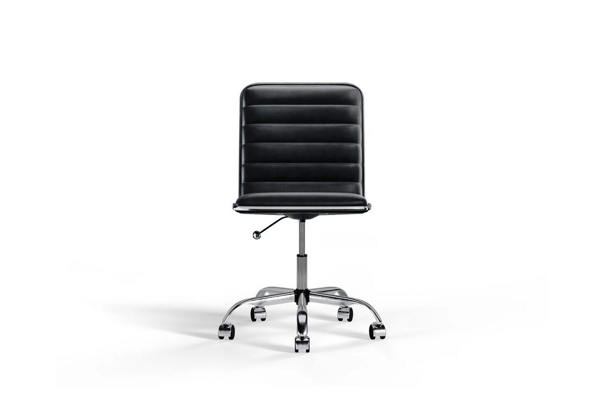Medium Back Ribbed Office Chair - Black Vegan Leather and Chrome Base - Without Wheels