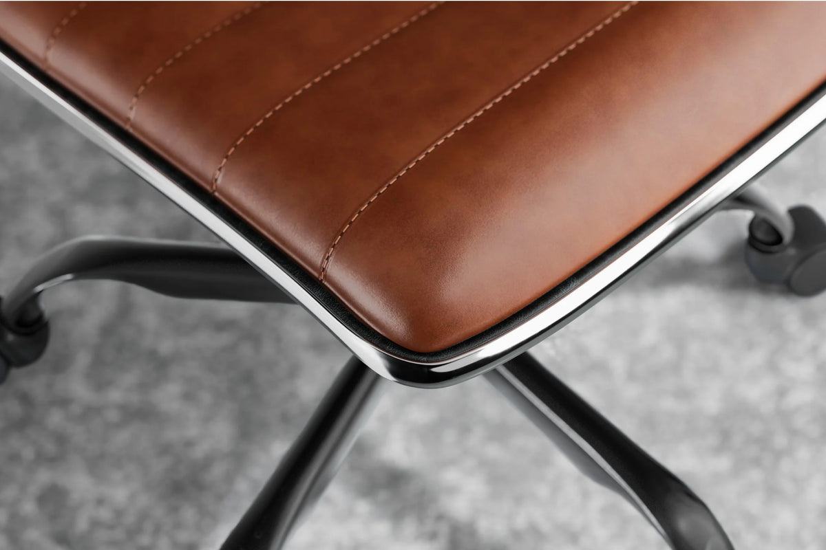 Medium Back Ribbed Office Chair - Brown Vegan Leather and Chrome Base - With Wheels