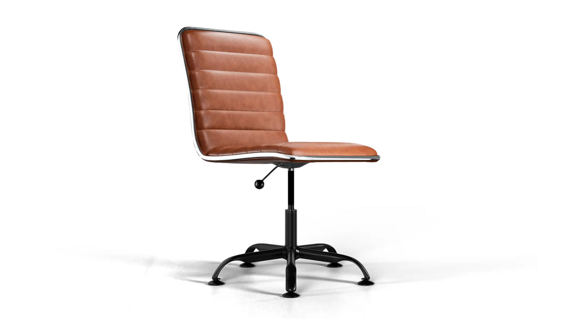 Medium Back Ribbed Office Chair - Brown Vegan Leather and Chrome Base