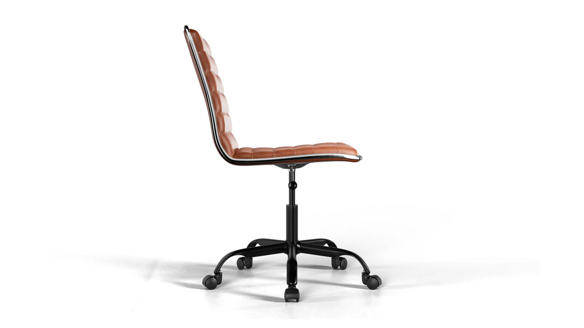 Medium Back Ribbed Office Chair - Brown Vegan Leather and Chrome Base