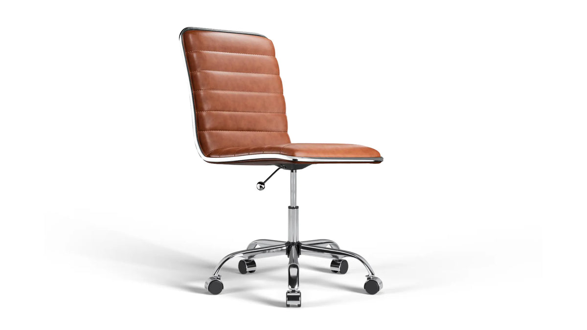 Medium Back Ribbed Office Chair - Brown Vegan Leather and Chrome Base