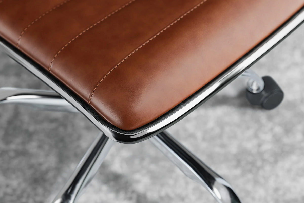 Medium Back Ribbed Office Chair - Brown Vegan Leather and Chrome Base - Without Wheels