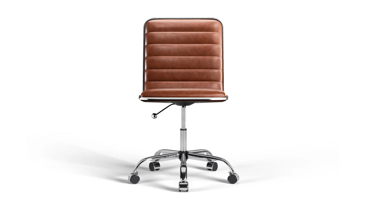 Medium Back Ribbed Office Chair - Brown Vegan Leather and Chrome Base - Without Wheels