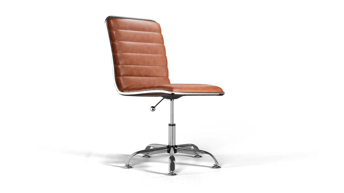Medium Back Ribbed Office Chair - Brown Vegan Leather and Chrome Base - Without Wheels
