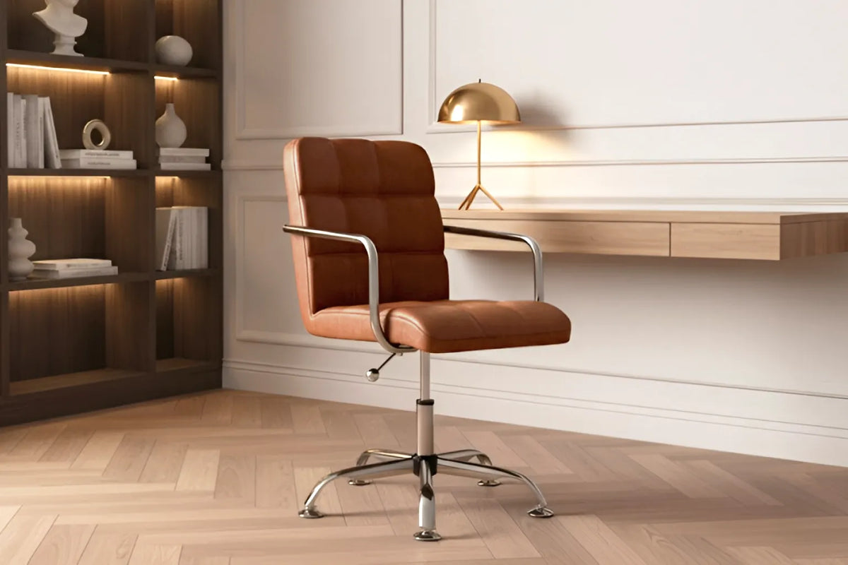 Futura Office Chair - Brown Vegan Leather and Chrome Base - Without Wheels