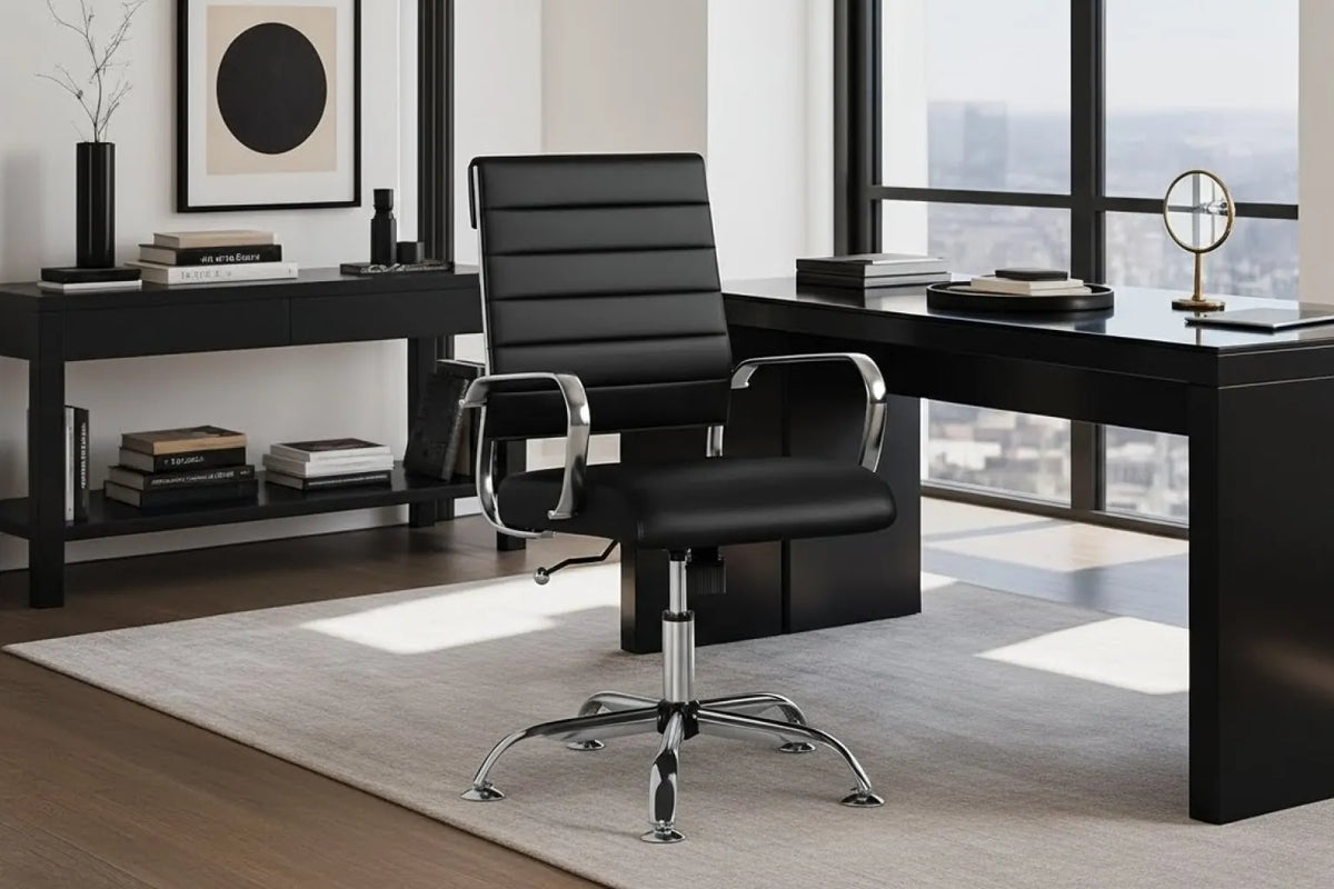 Laguna Classic Office Chair - Black Vegan Leather and Chrome Base - Without Wheels