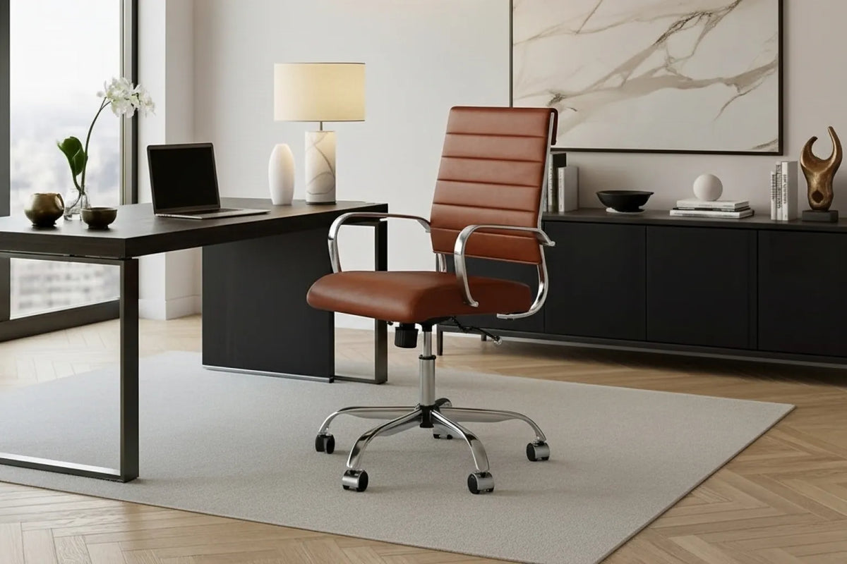 Laguna Classic Office Chair - Brown Vegan Leather and Chrome Base - With Wheels